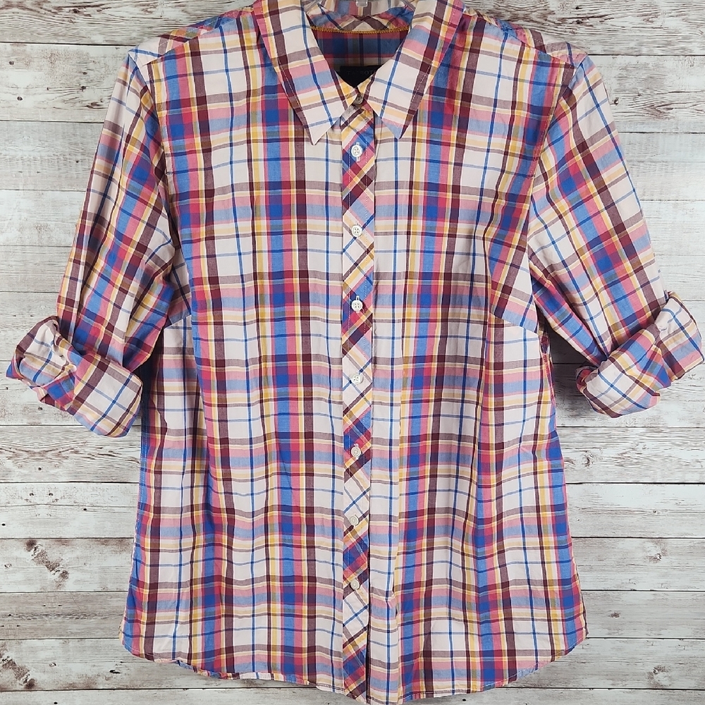 Talbots Women' Vibrant  Multi Color Plaid Button Down Shirt.